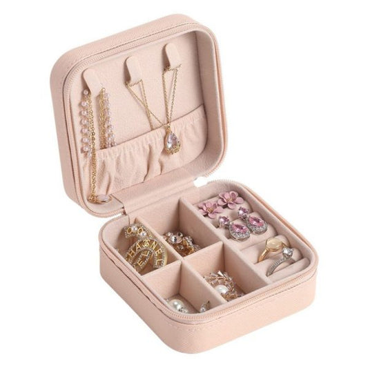 Leather Jewelry Organizer Box – Portable Pocket-sized Case With Zipper Closure – Random Color