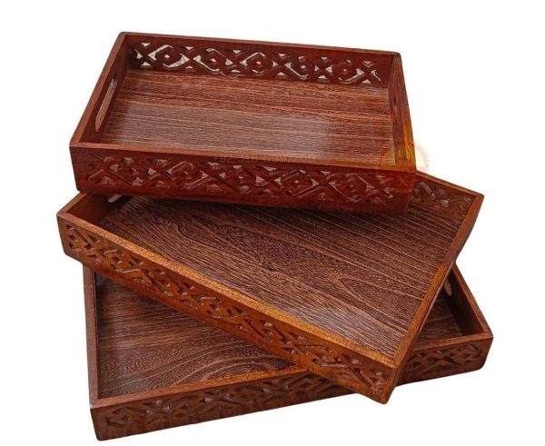 (pack Of 3) Wooden Serving Tray Set With Handles Wood Serving Trays