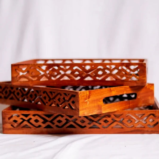 (pack Of 3) Wooden Serving Tray Set With Handles Wood Serving Trays