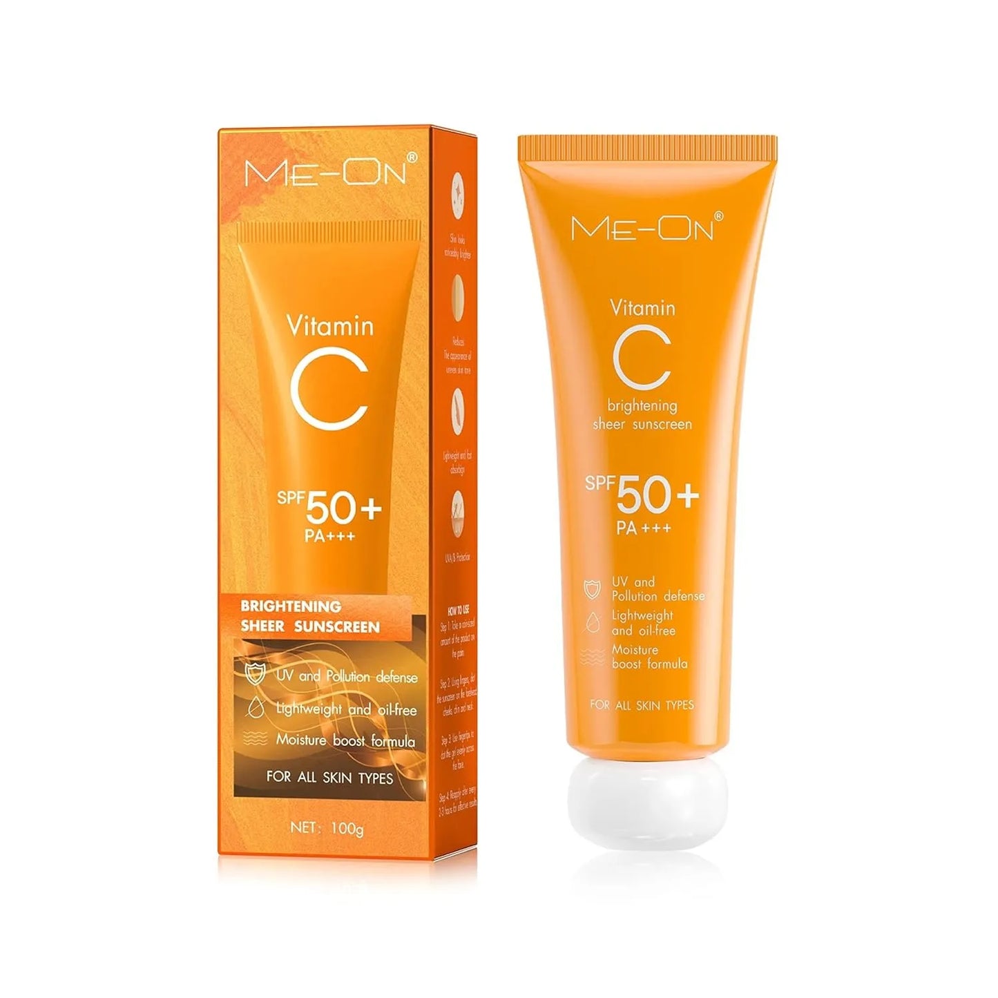 Me-On Vitamin C Sunscreen SPF 50 | Brightening Sheer UV Protection for All Skin Types – 100g