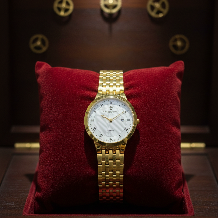 Classic Gold-Plated Men's Quartz Watch - Luxury Inspired Vacheron & Longines Style Dress Watches with Date Display & Link Bracelet