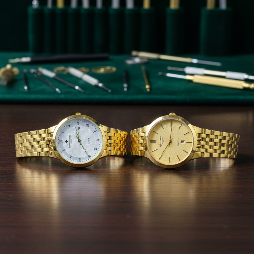 Classic Gold-Plated Men's Quartz Watch - Luxury Inspired Vacheron & Longines Style Dress Watches with Date Display & Link Bracelet