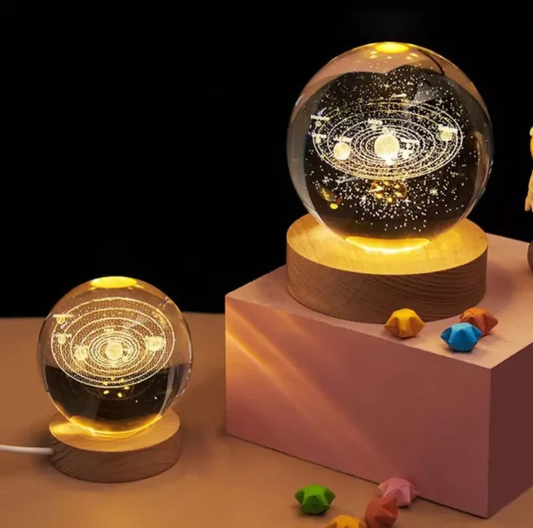 3d Galaxy Solar System Crystal Ball Night Light With Wooden Base