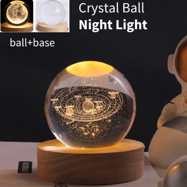 3d Galaxy Solar System Crystal Ball Night Light With Wooden Base