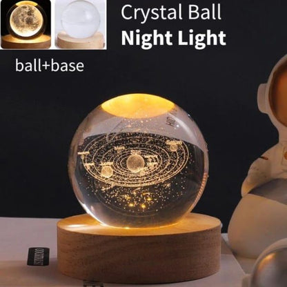 3d Galaxy Solar System Crystal Ball Night Light With Wooden Base