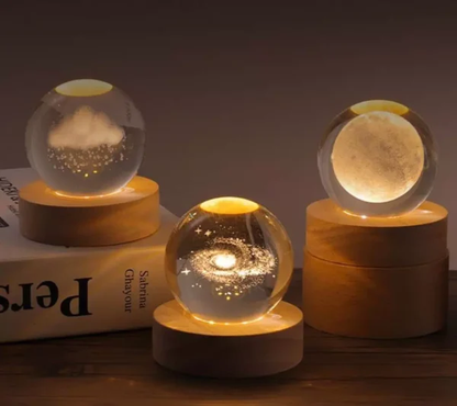 3d Galaxy Solar System Crystal Ball Night Light With Wooden Base