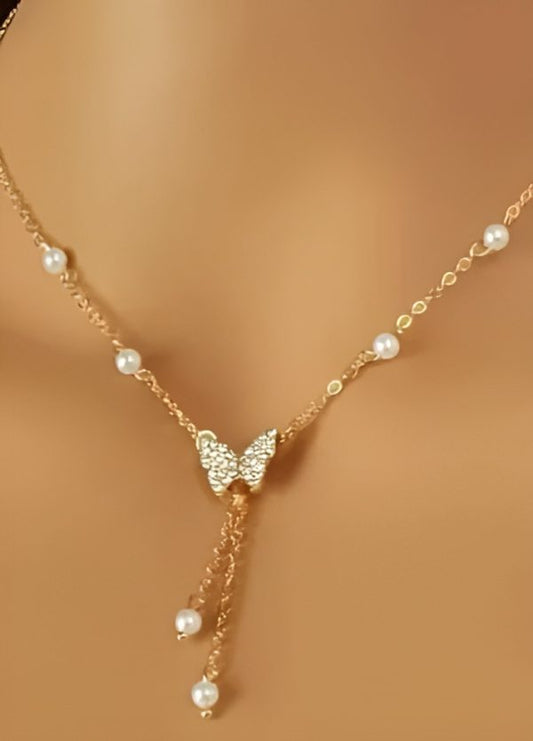 Gold Butterfly Pearl Choker Necklace For Girls Butterfly Pendent Necklace Pearl Tassels Necklace