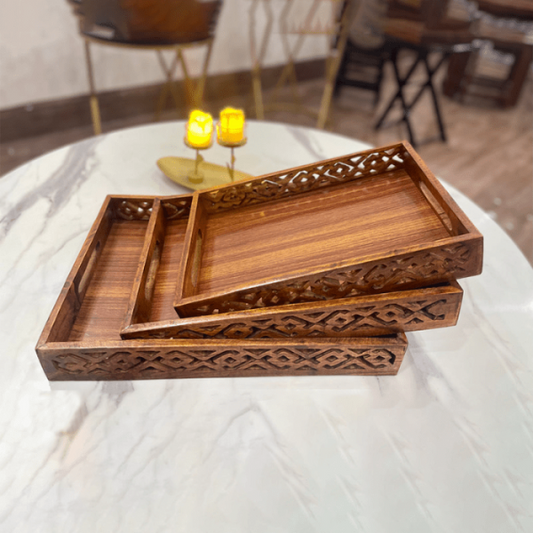 (pack Of 3) Wooden Serving Tray Set With Handles Wood Serving Trays