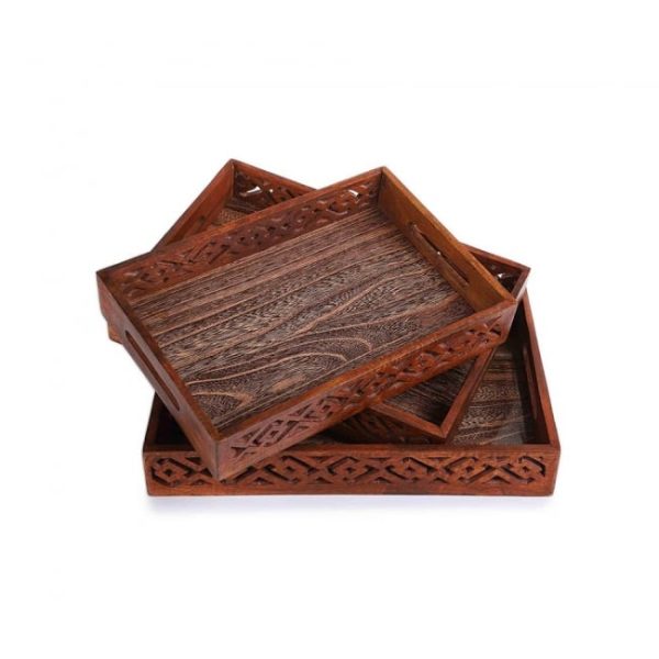 (pack Of 3) Wooden Serving Tray Set With Handles Wood Serving Trays