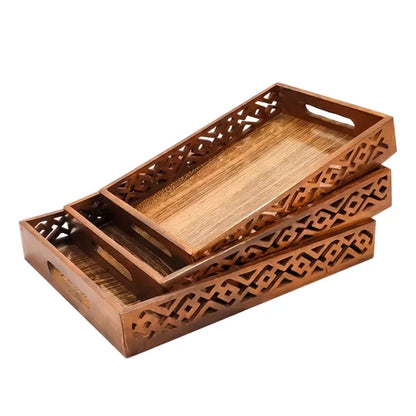 (pack Of 3) Wooden Serving Tray Set With Handles Wood Serving Trays